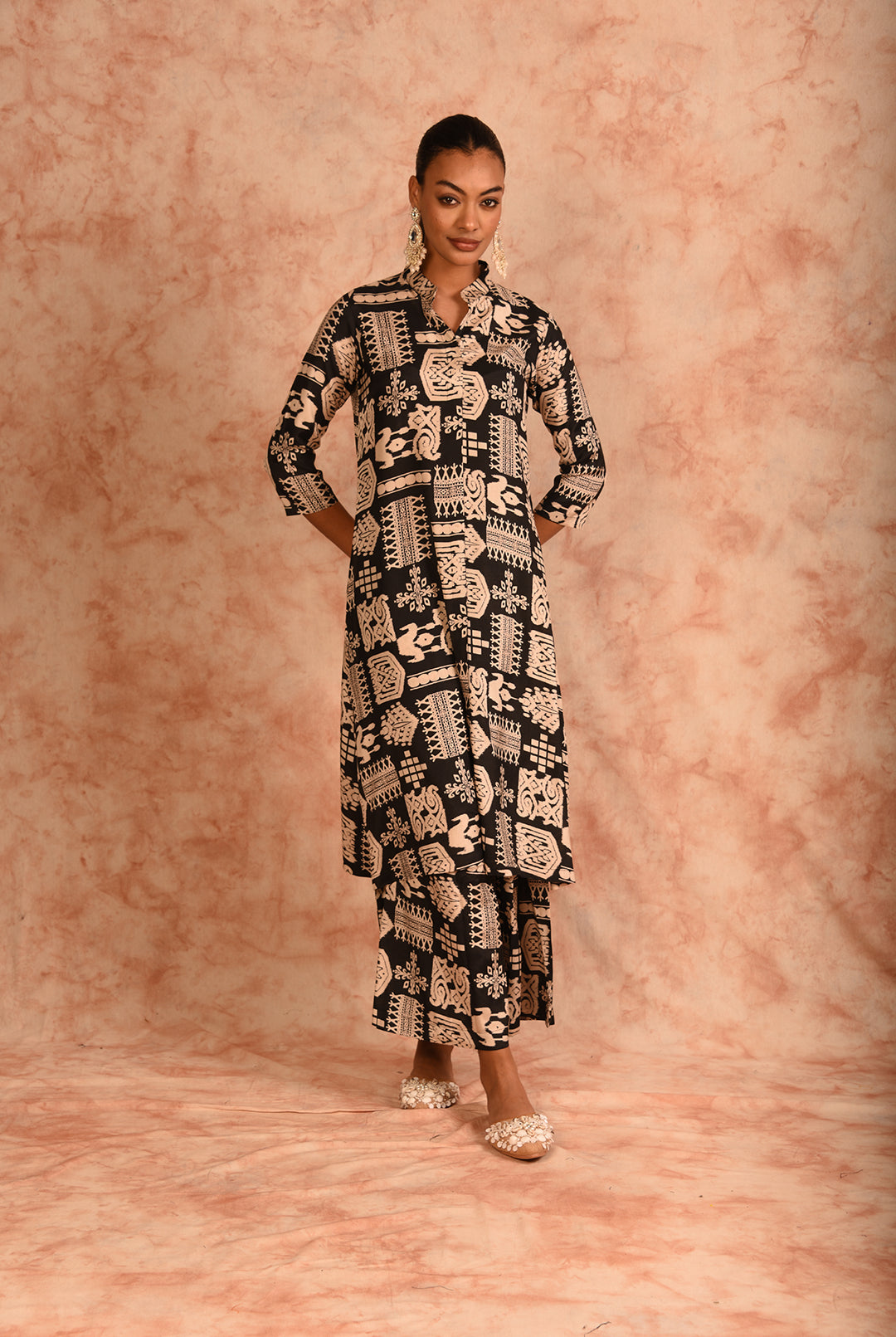 Laalzari black printed muslin co-ord set for women — full-length view