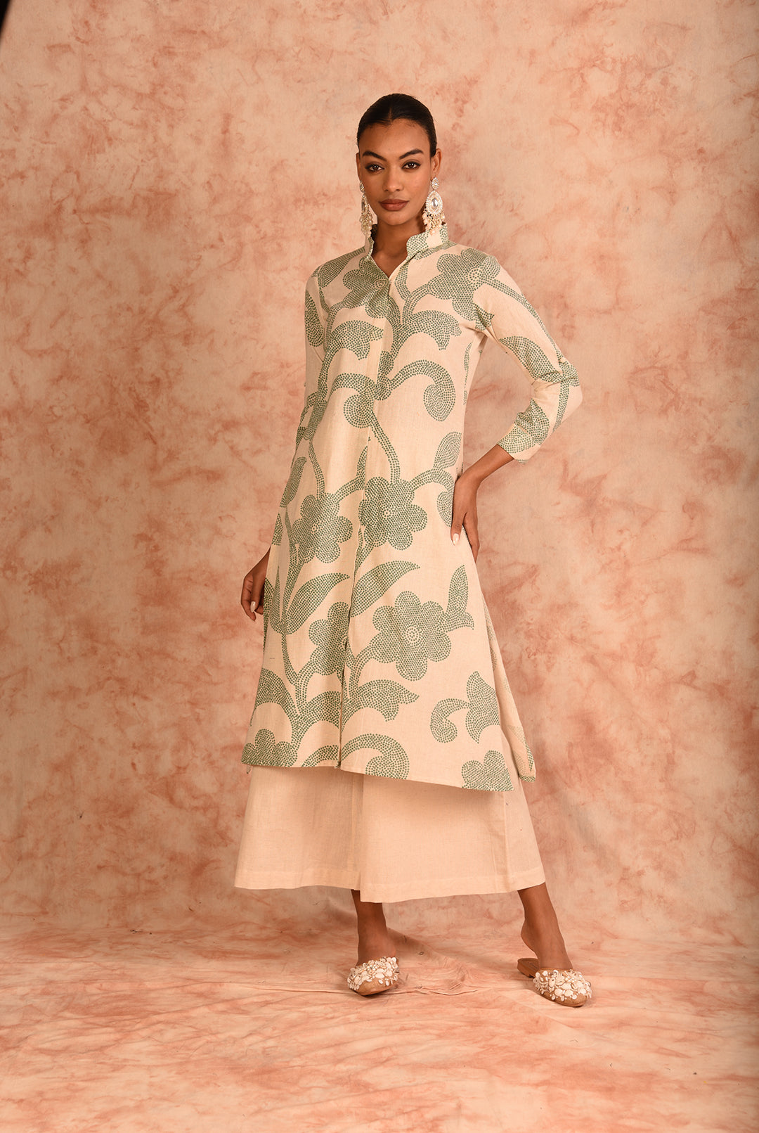 Laalzari white printed linen kurta for women — front view