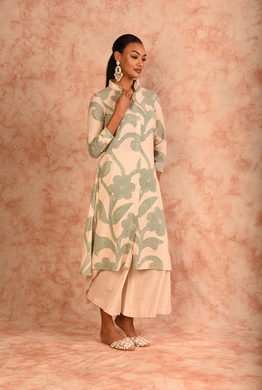Laalzari white printed linen kurta for women — full-length view