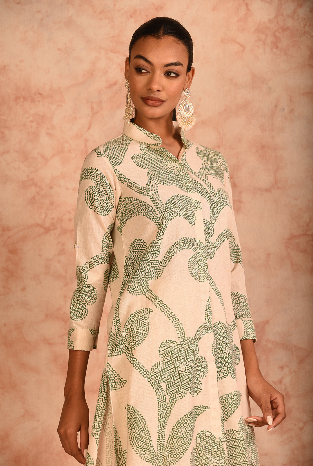 Laalzari white printed linen kurta for women — print detail