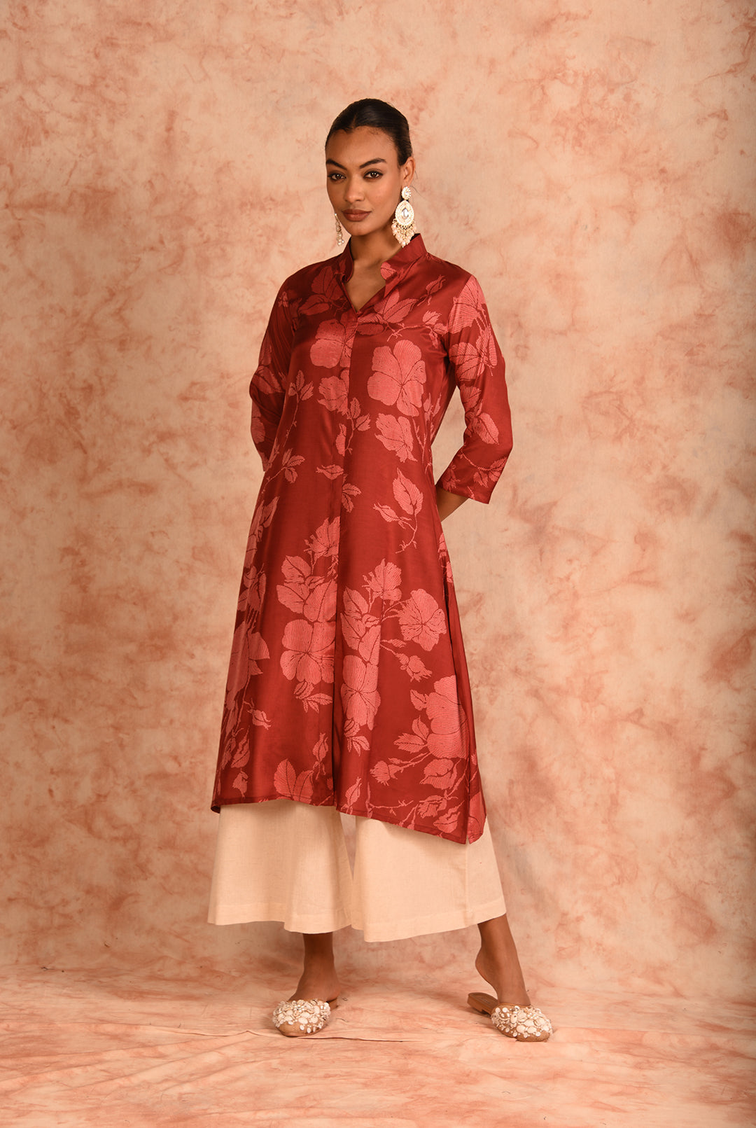 Laalzari red berry muslin co-ord set with contrasting palazzo for women — front view