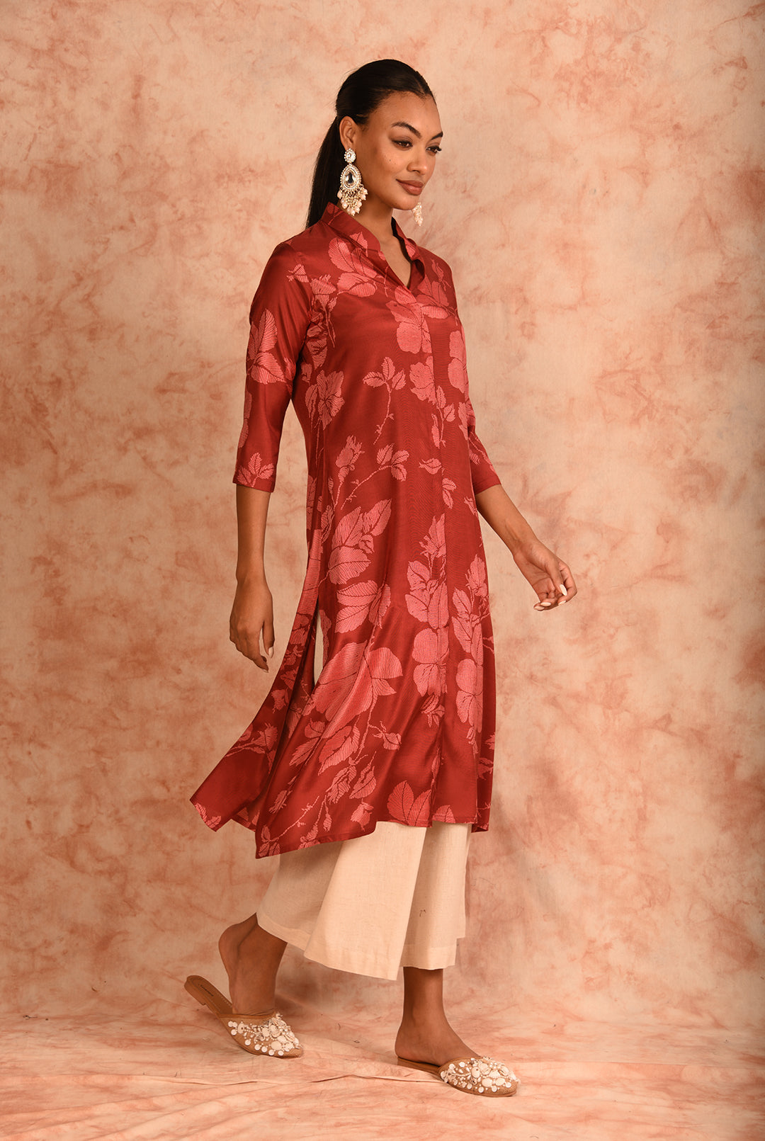 Laalzari red berry muslin co-ord set with contrasting palazzo for women — styled look