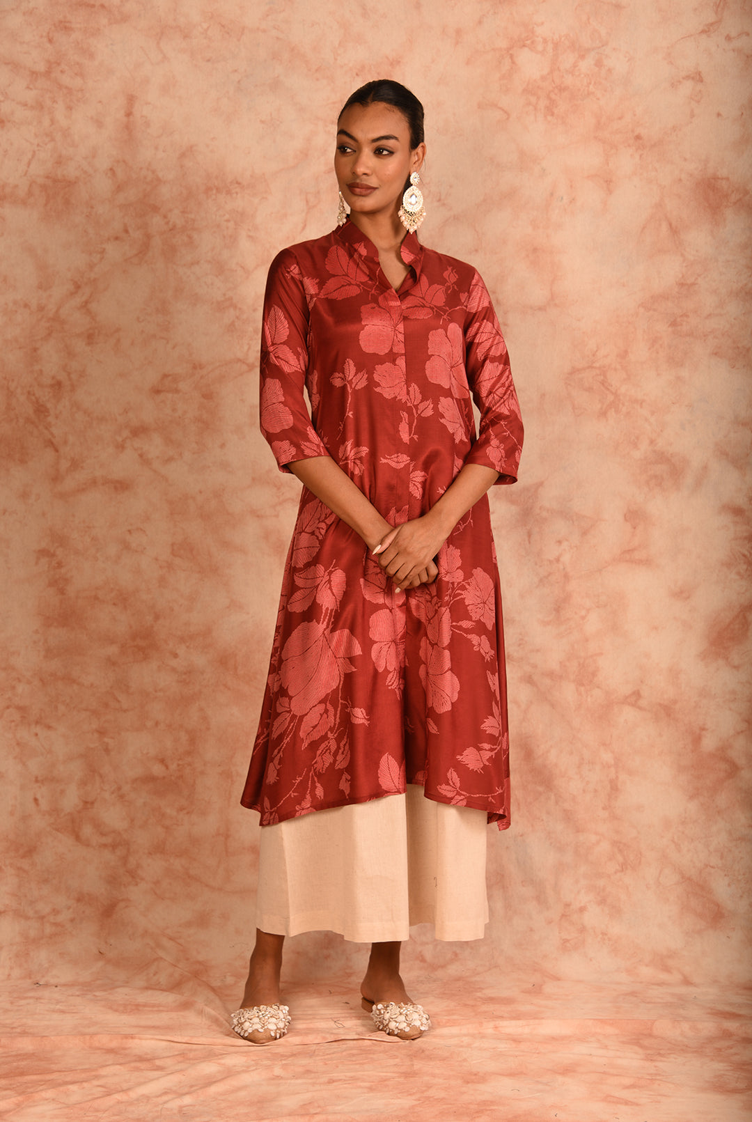 Laalzari red berry muslin co-ord set with contrasting palazzo for women — full-length view