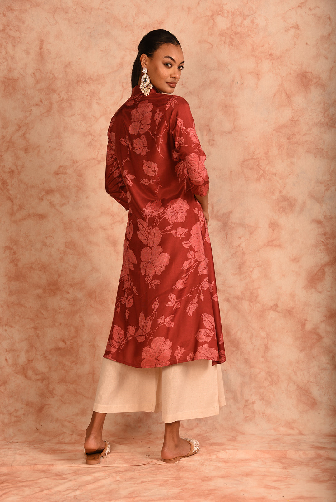 Laalzari red berry muslin co-ord set with contrasting palazzo for women — side view