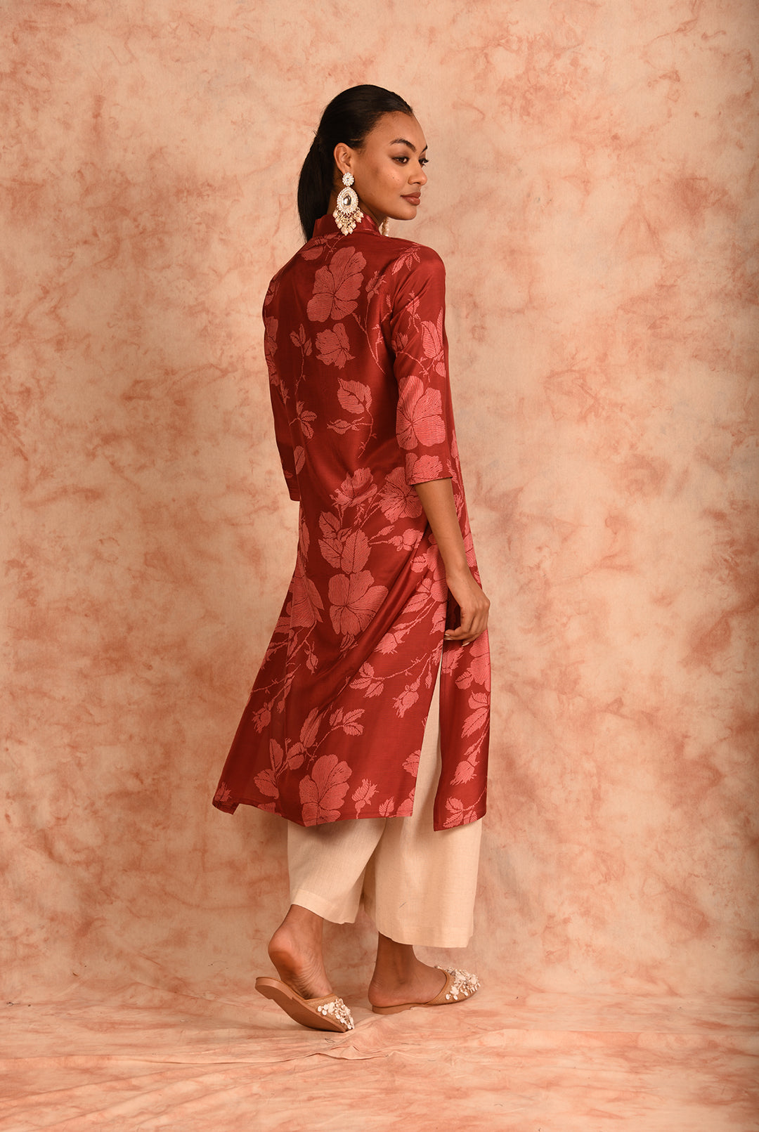 Laalzari red berry muslin co-ord set with contrasting palazzo for women — back view