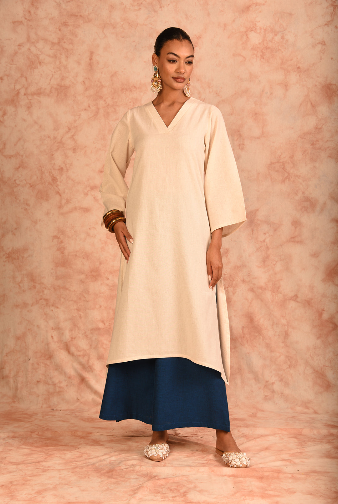 Laalzari off-white and blue linen kurta and wide-leg palazzo co-ord set for women — front view