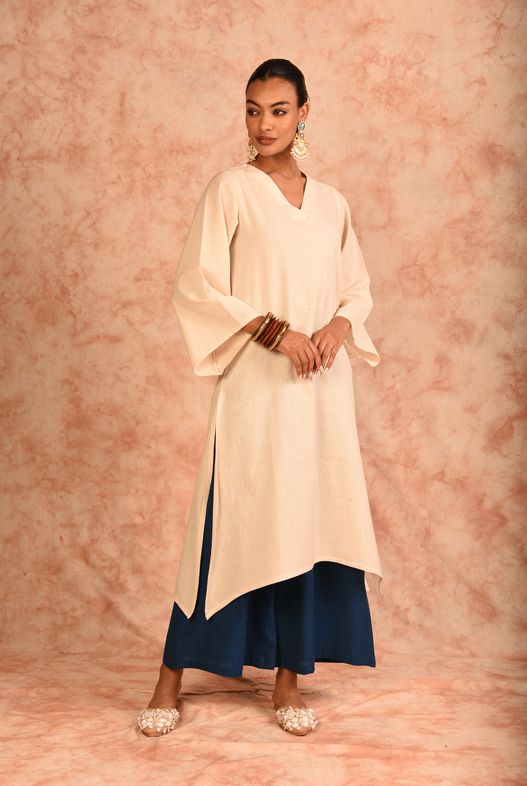 Laalzari off-white and blue linen kurta and wide-leg palazzo co-ord set for women — styled look