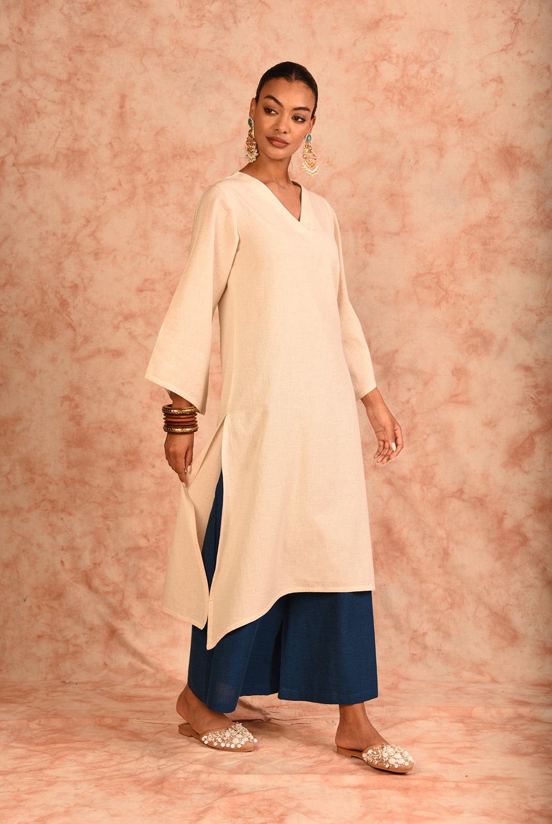 Laalzari off-white and blue linen kurta and wide-leg palazzo co-ord set for women — full-length view