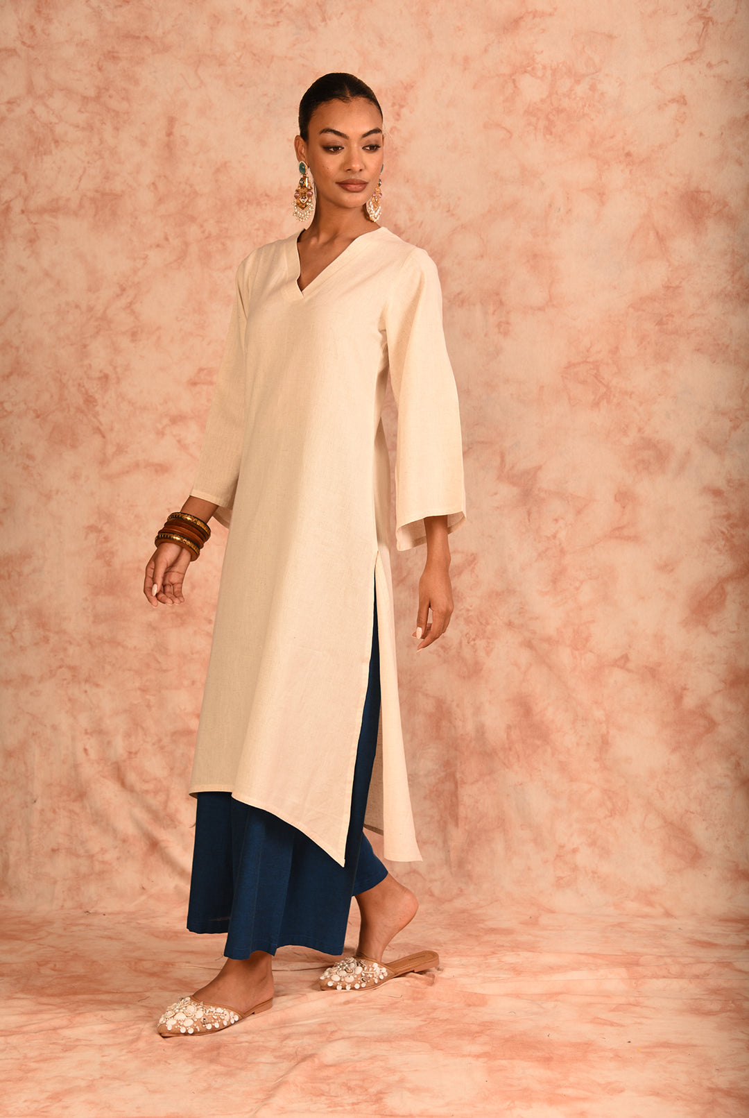 Laalzari off-white and blue linen kurta and wide-leg palazzo co-ord set for women — side view