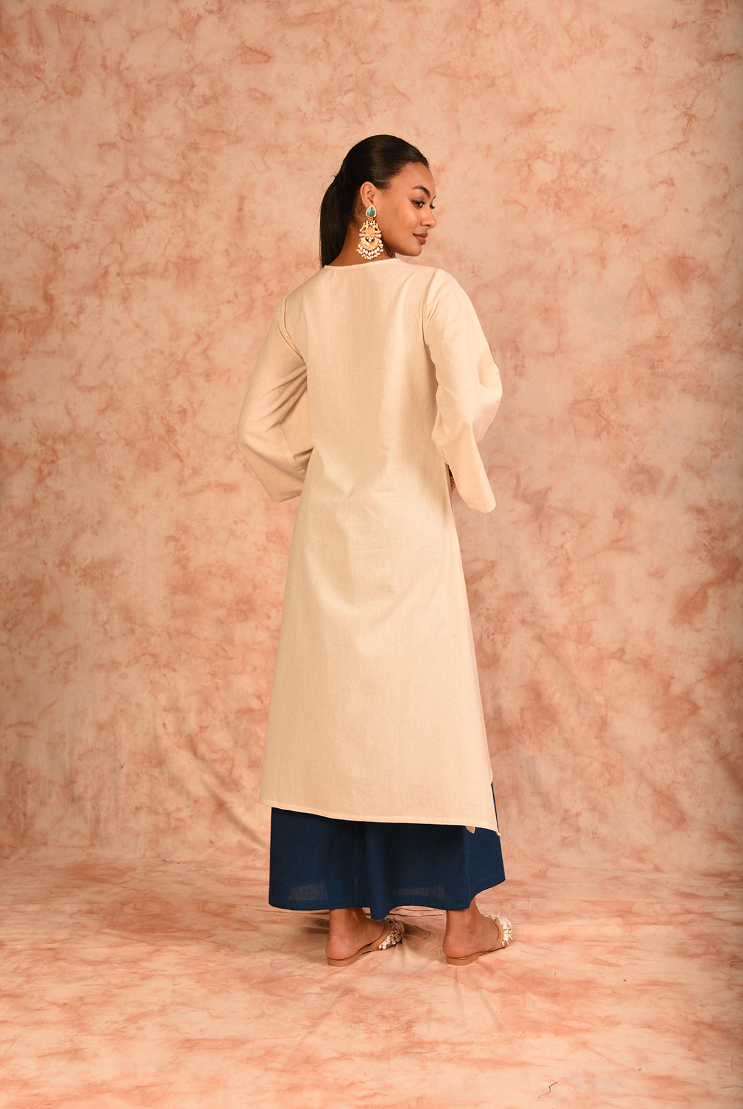 Laalzari off-white and blue linen kurta and wide-leg palazzo co-ord set for women — back view