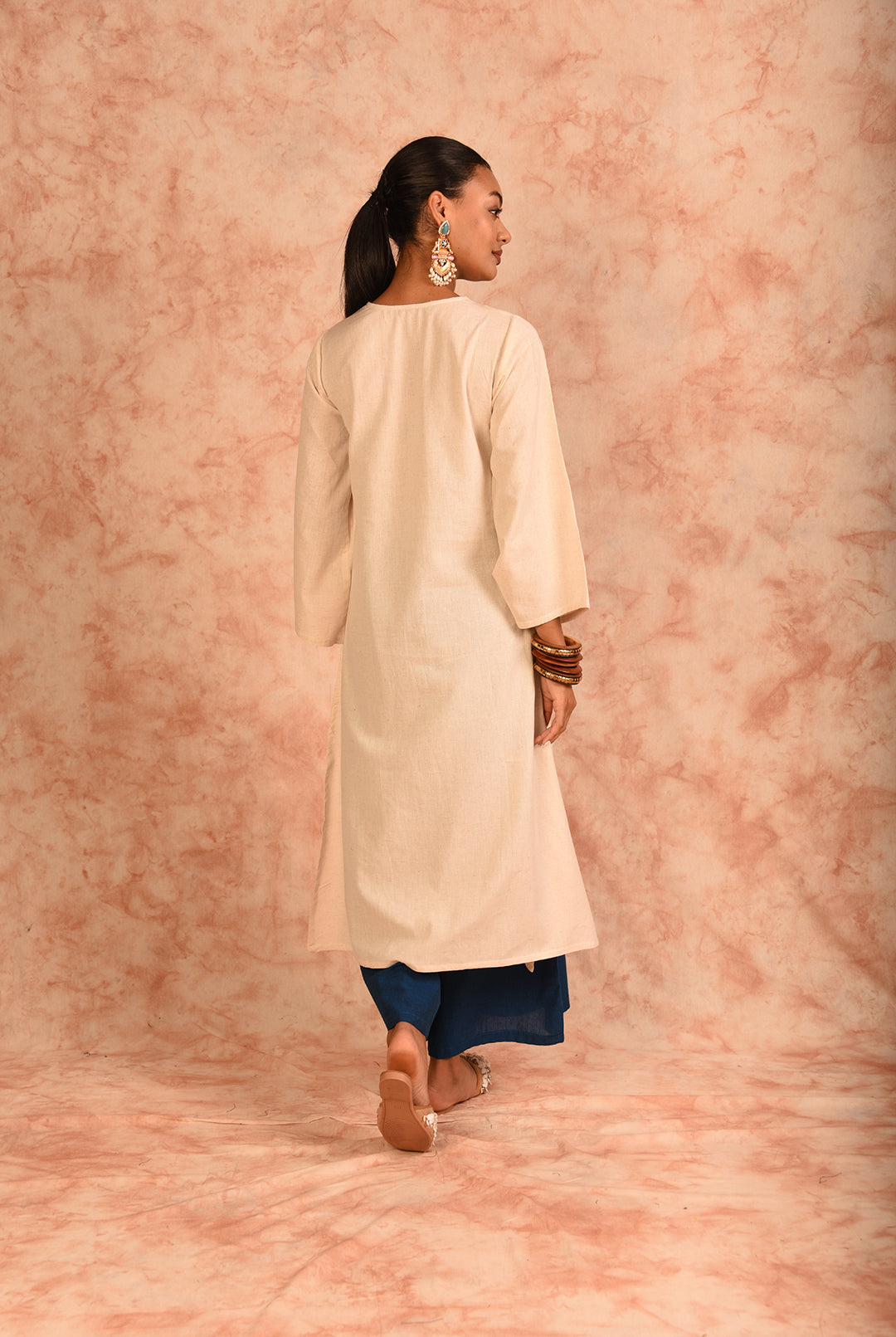 Laalzari off-white and blue linen kurta and wide-leg palazzo co-ord set for women — outfit detail