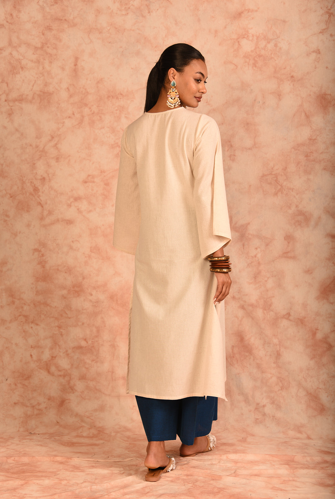 Laalzari off-white and blue linen kurta and wide-leg palazzo co-ord set for women — fabric detail