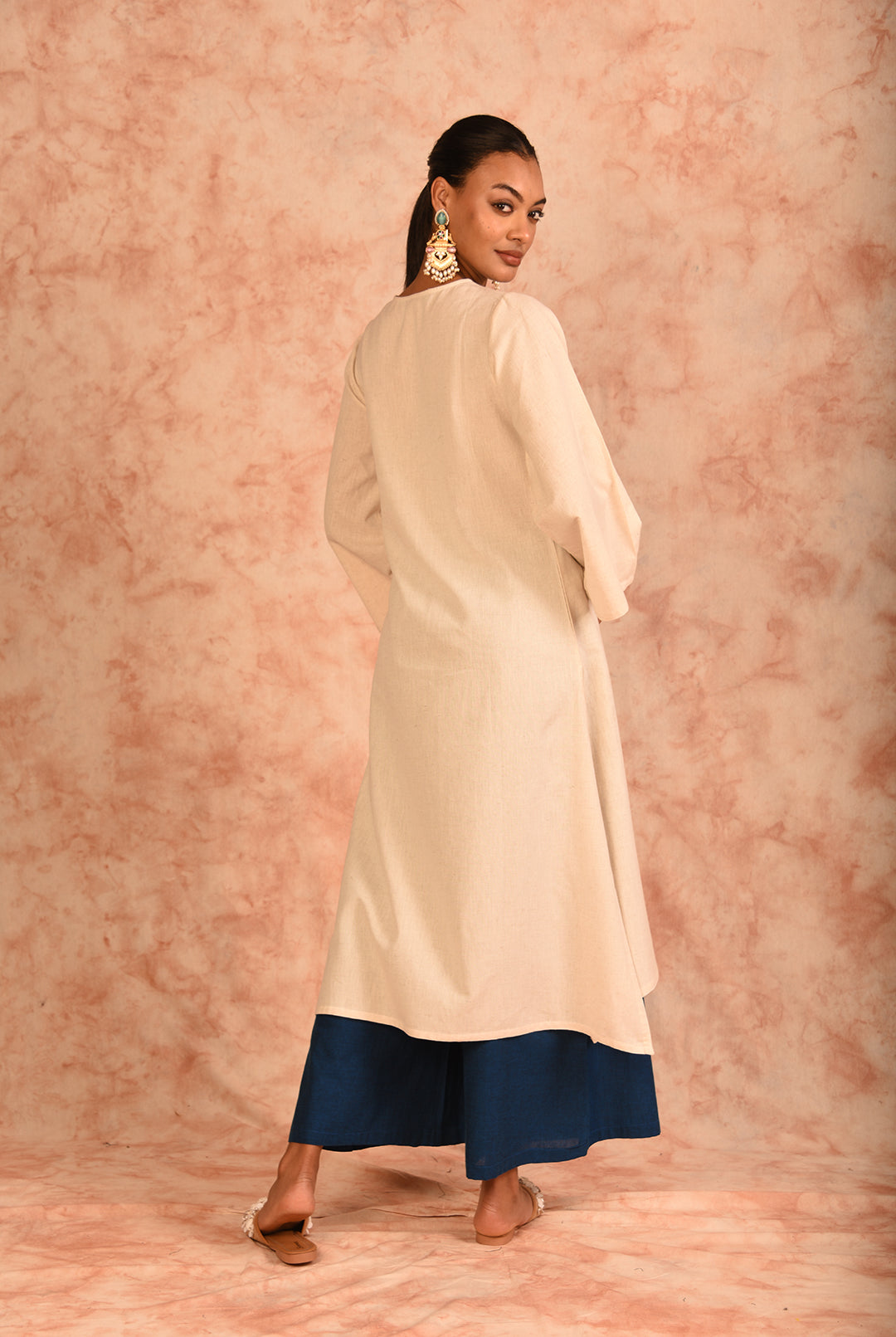 Laalzari off-white and blue linen kurta and wide-leg palazzo co-ord set for women — close-up detail