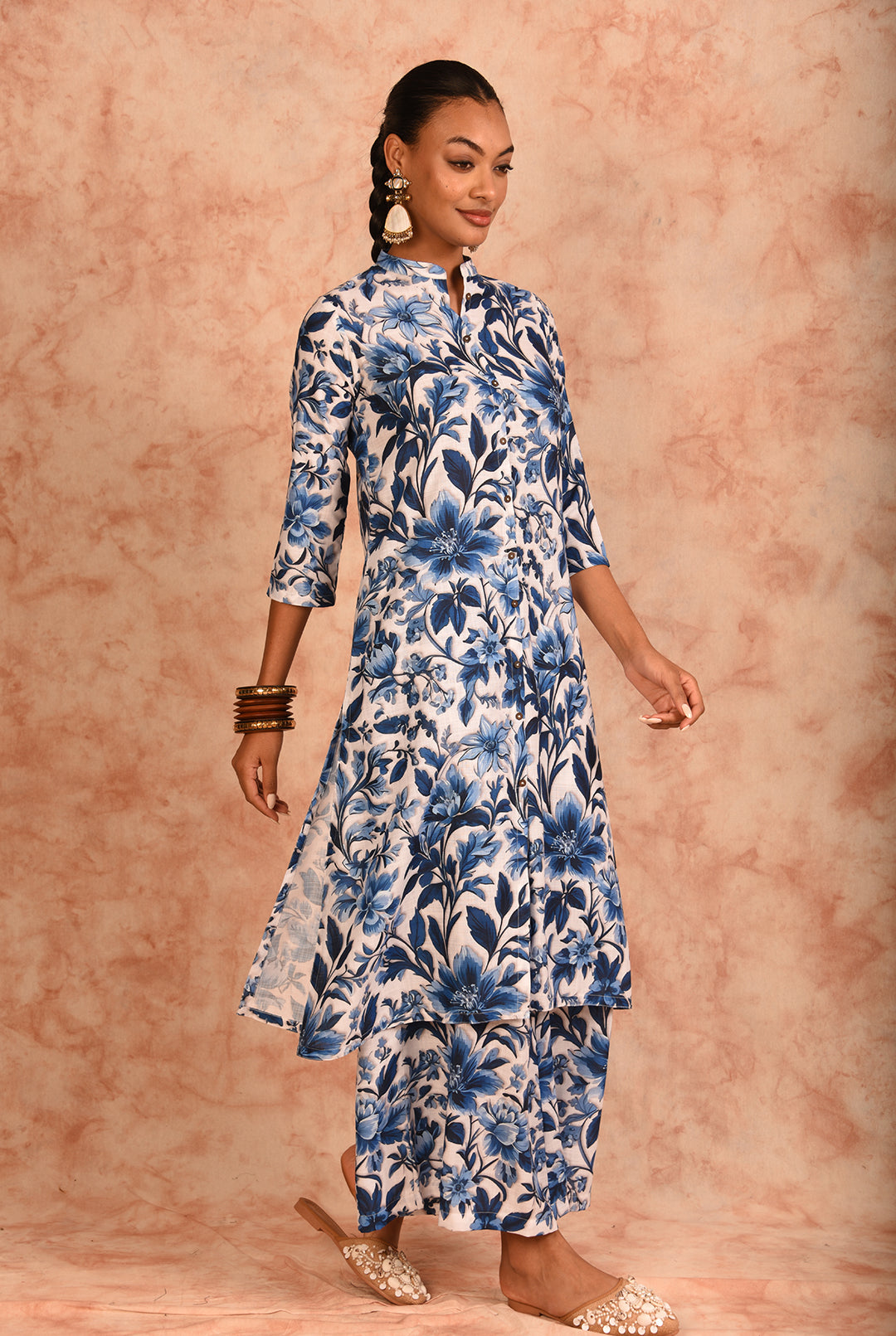 Laalzari white and blue printed linen kurta and wide-leg palazzo co-ord set for women — back view