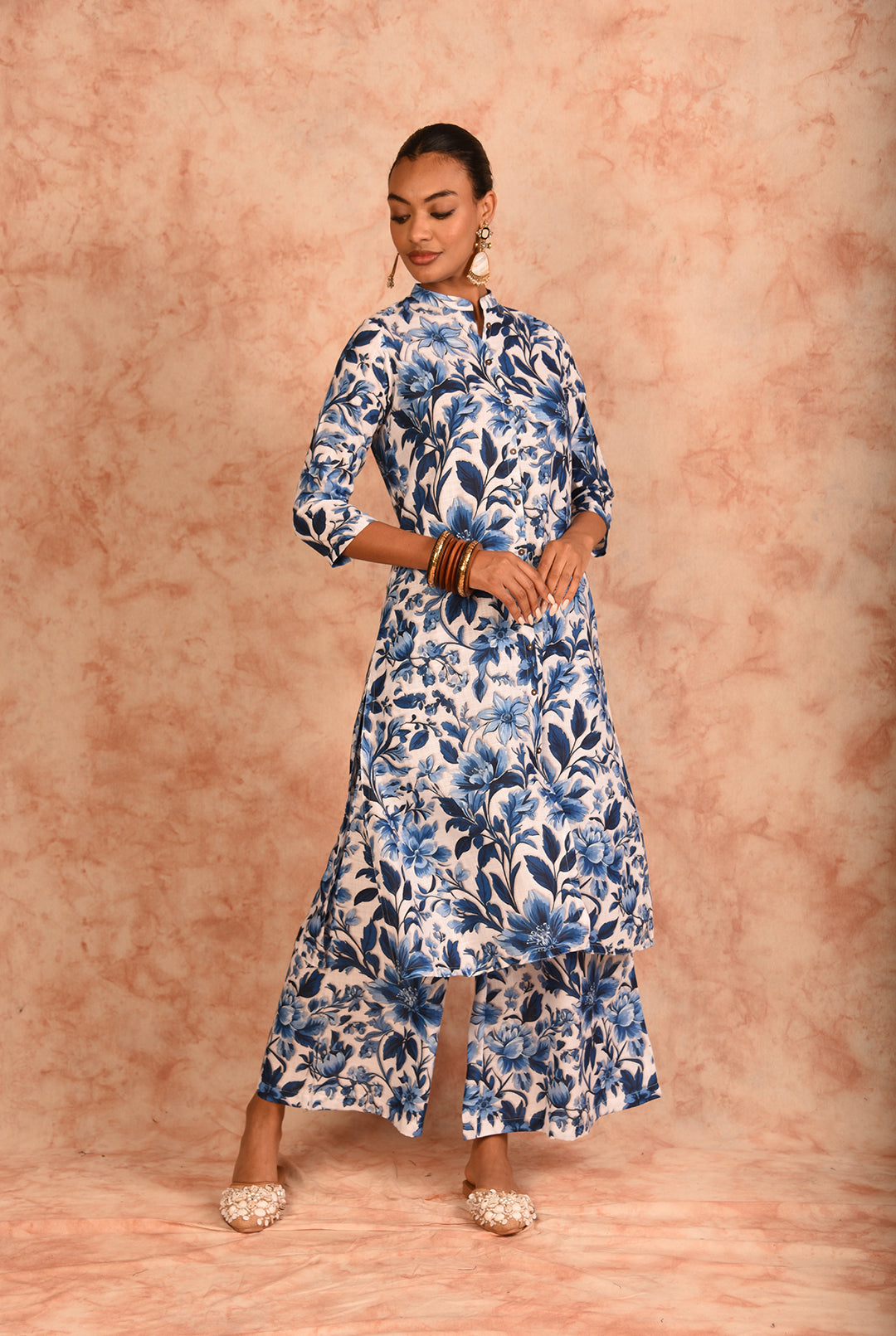 Laalzari white and blue printed linen kurta and wide-leg palazzo co-ord set for women — outfit detail