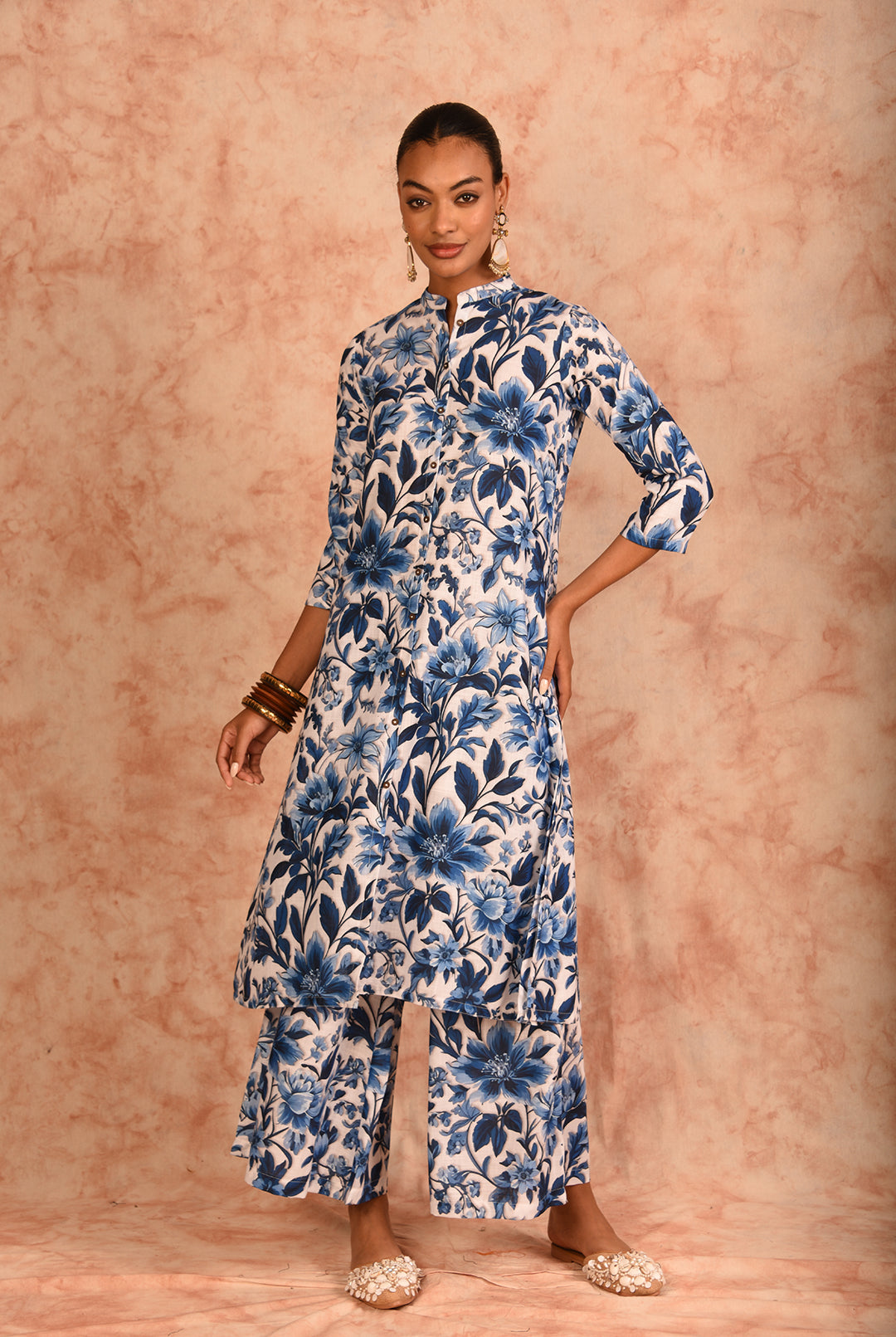 Laalzari white and blue printed linen kurta and wide-leg palazzo co-ord set for women — front view