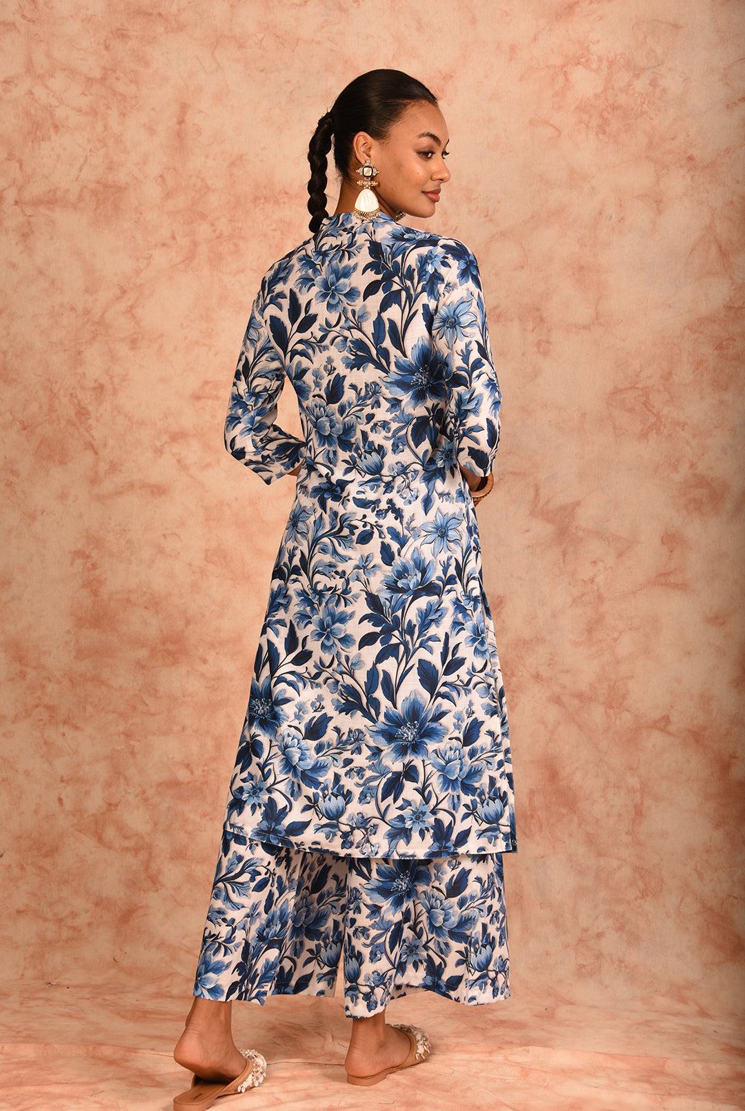 Laalzari white and blue printed linen kurta and wide-leg palazzo co-ord set for women — fabric detail