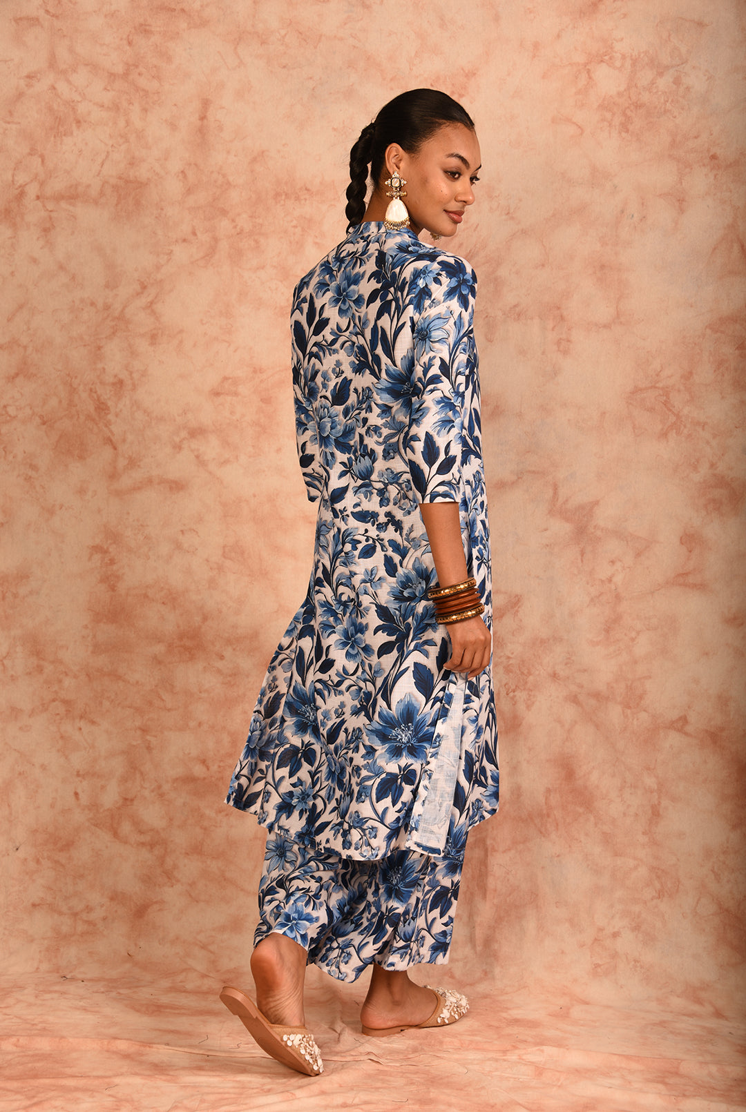 Laalzari white and blue printed linen kurta and wide-leg palazzo co-ord set for women — close-up detail