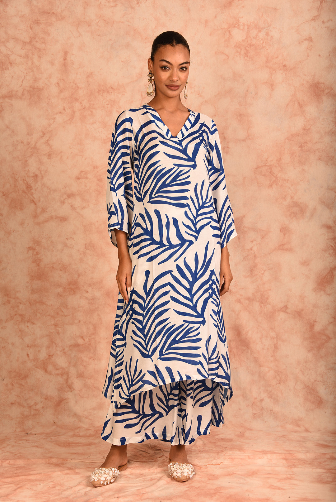 Laalzari white and blue printed muslin co-ord set for women — front view