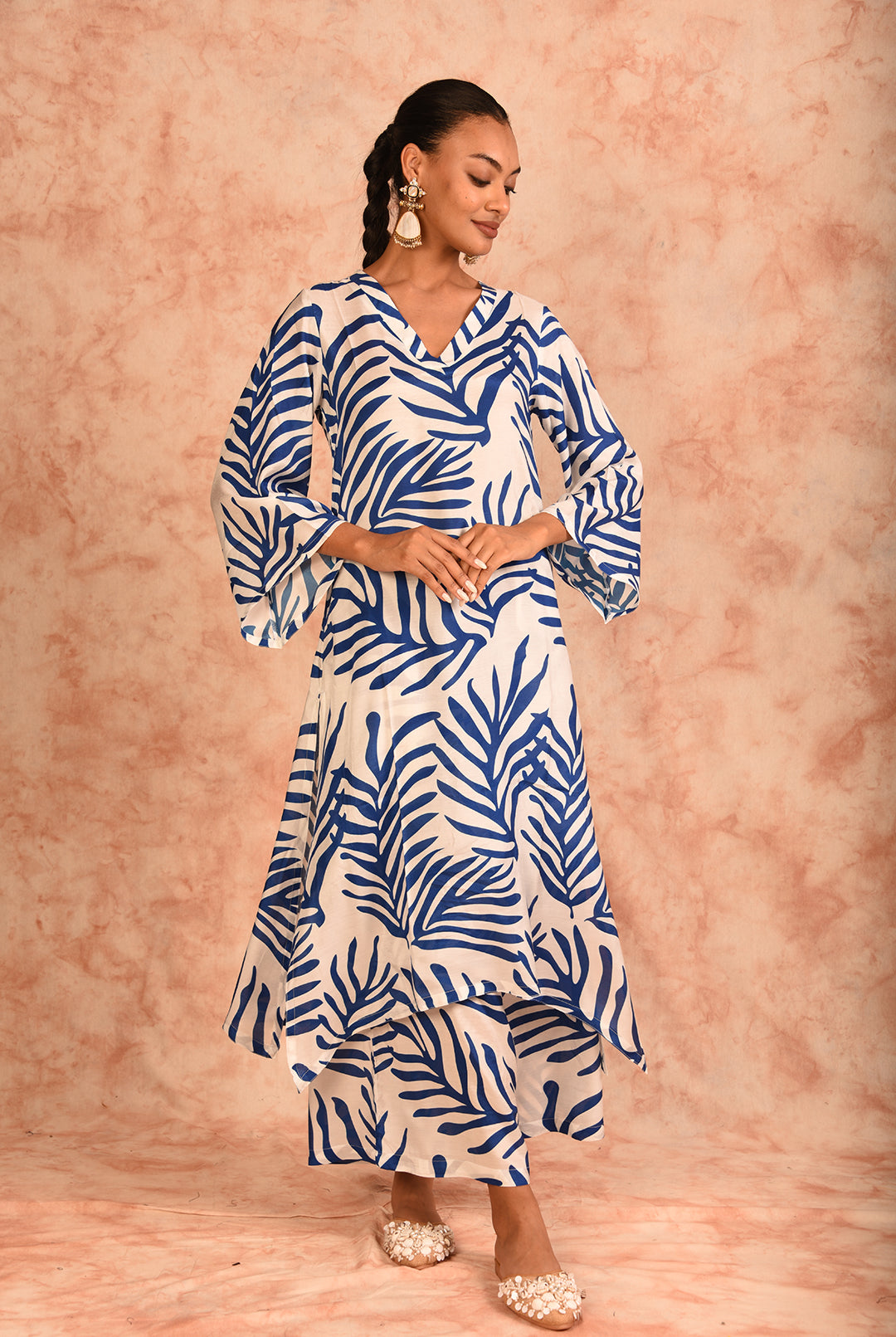 Laalzari white and blue printed muslin co-ord set for women — styled look