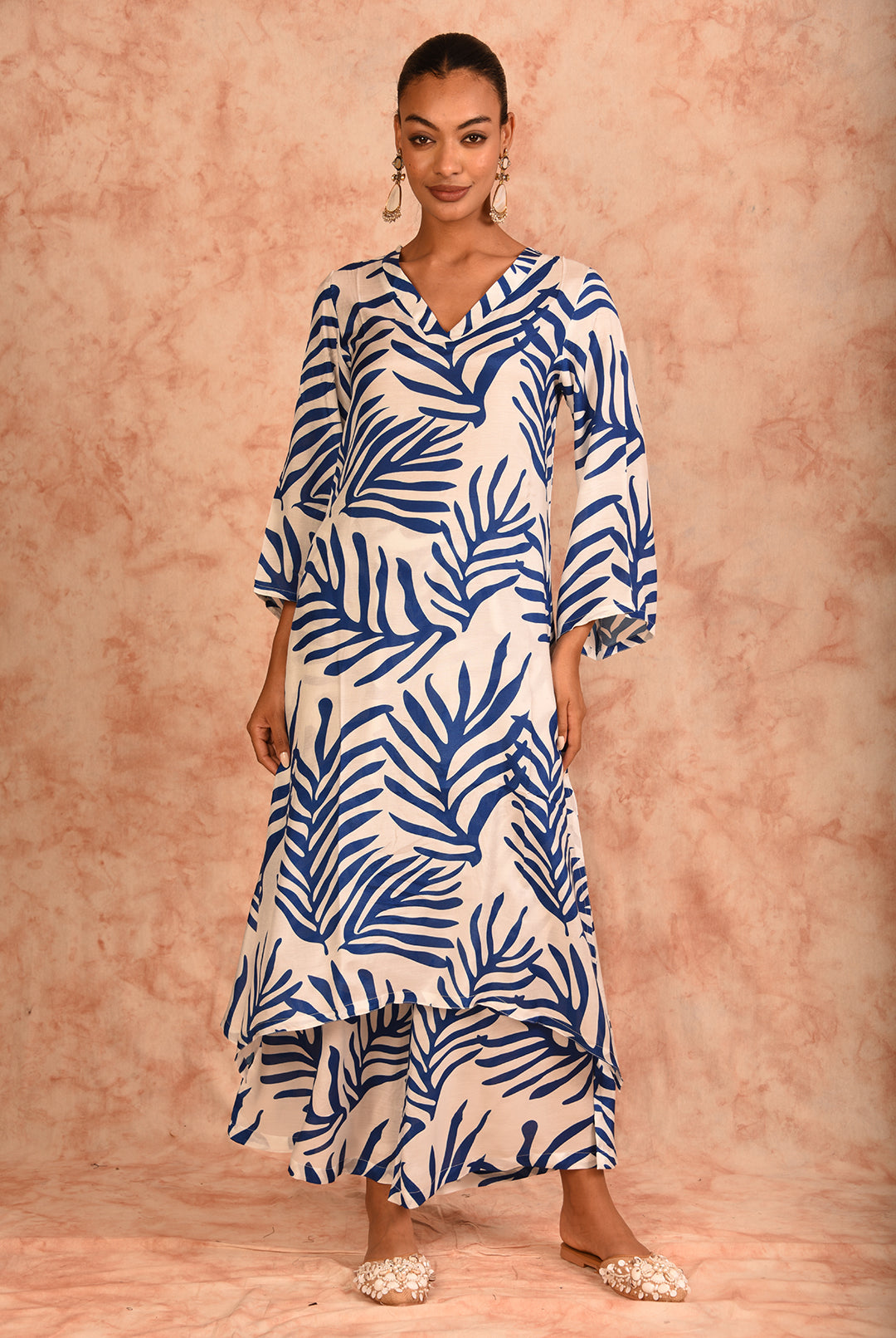 Laalzari white and blue printed muslin co-ord set for women — full-length view