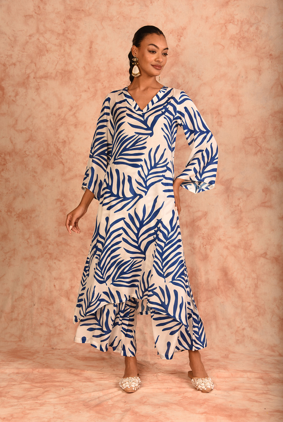 Laalzari white and blue printed muslin co-ord set for women — back view
