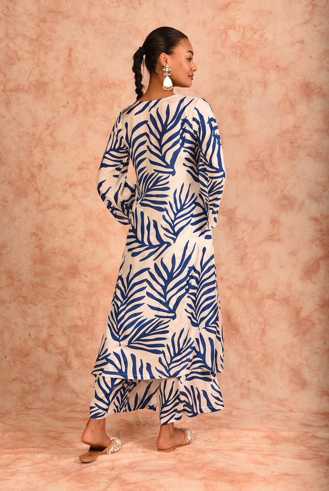 Laalzari white and blue printed muslin co-ord set for women — outfit detail