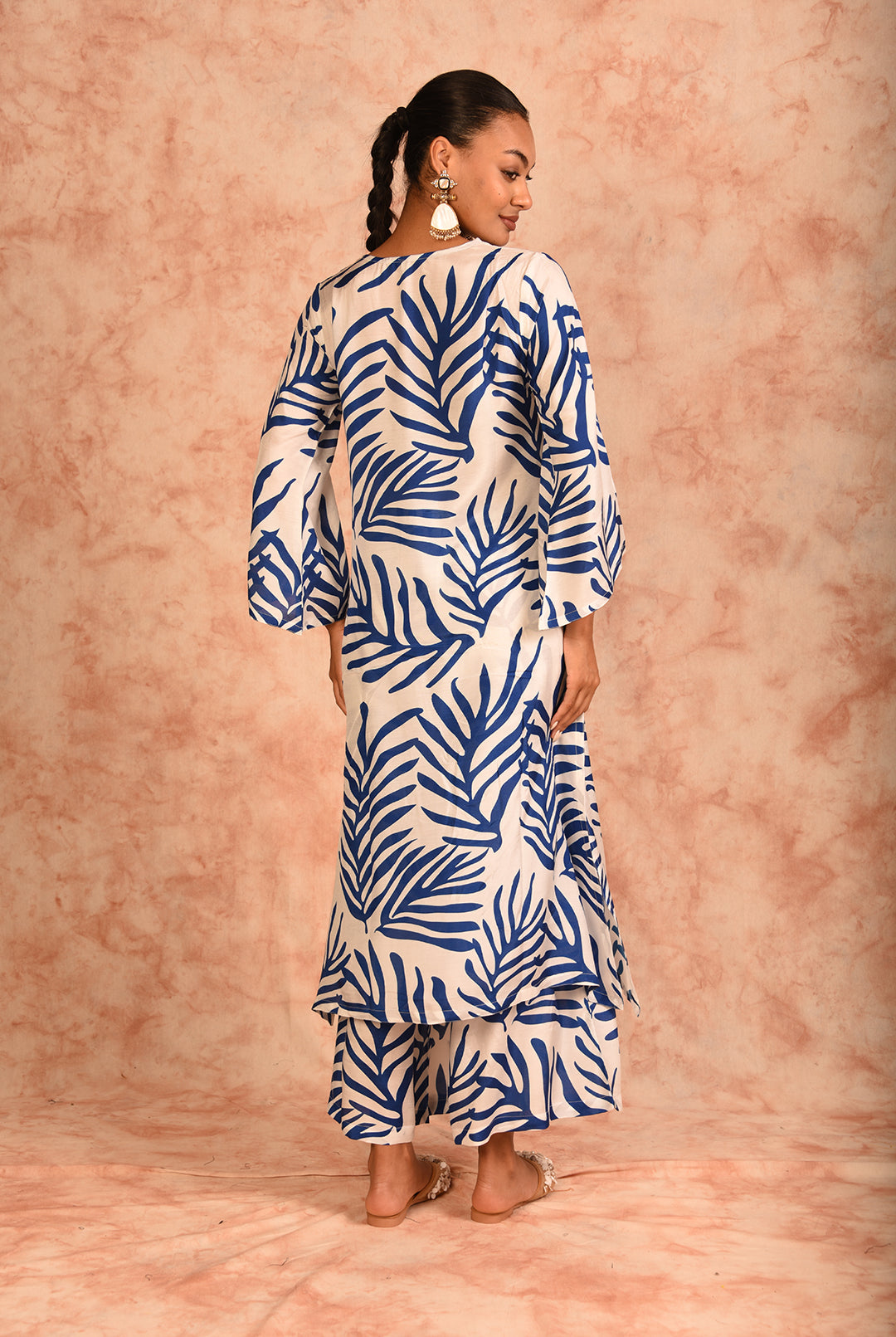 Laalzari white and blue printed muslin co-ord set for women — fabric detail
