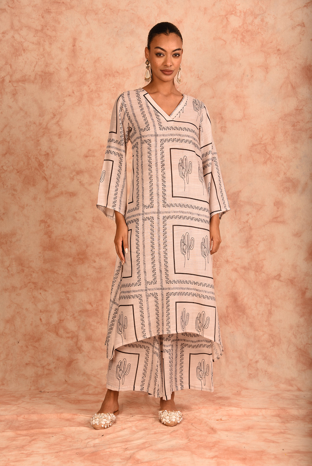 Laalzari off-white printed linen kurta and palazzo co-ord set for women — front view