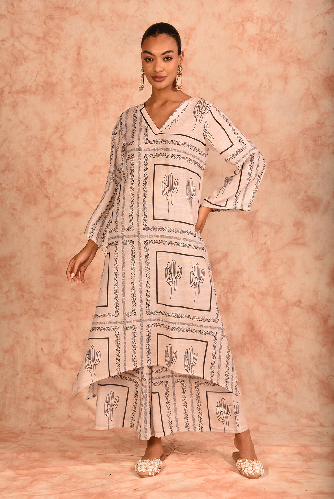Laalzari off-white printed linen kurta and palazzo co-ord set for women — styled look