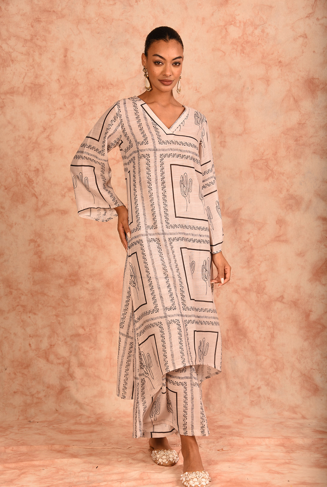 Laalzari off-white printed linen kurta and palazzo co-ord set for women — full-length view