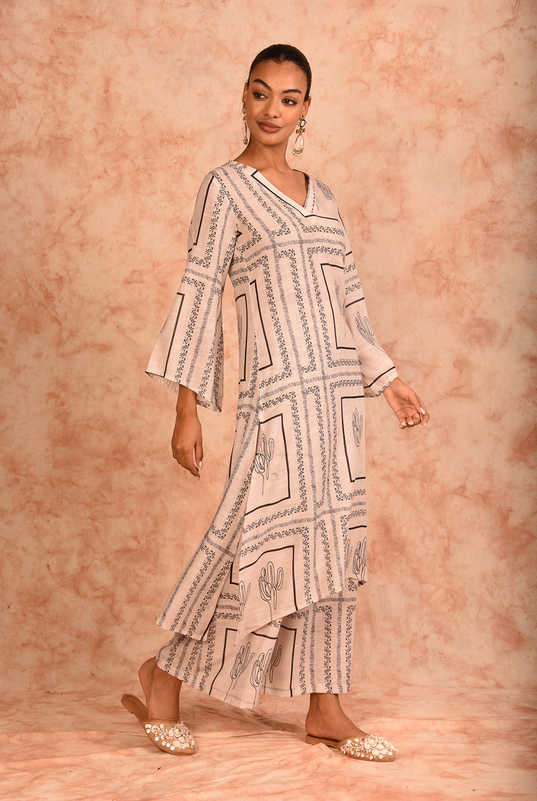 Laalzari off-white printed linen kurta and palazzo co-ord set for women — side view