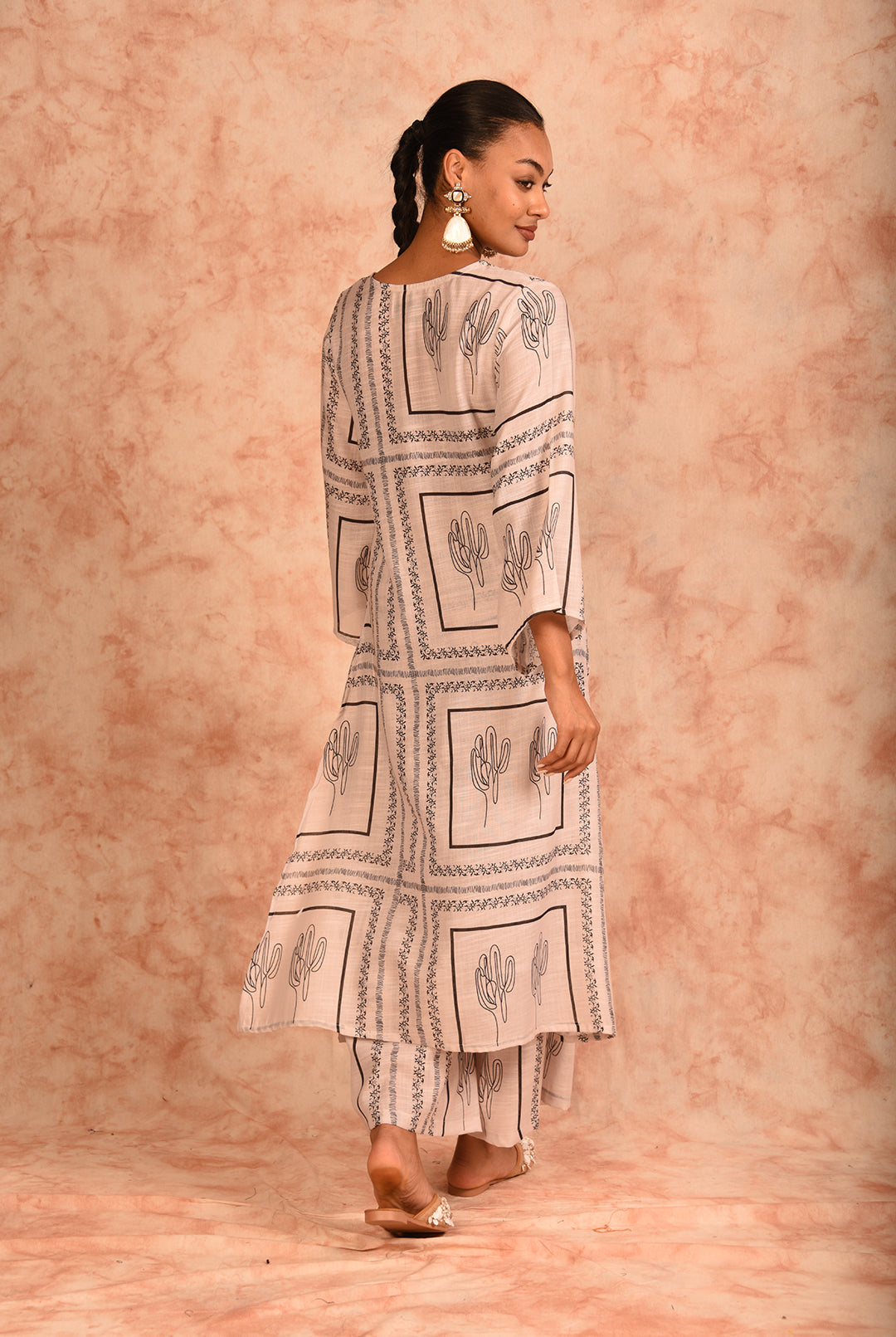 Laalzari off-white printed linen kurta and palazzo co-ord set for women — outfit detail