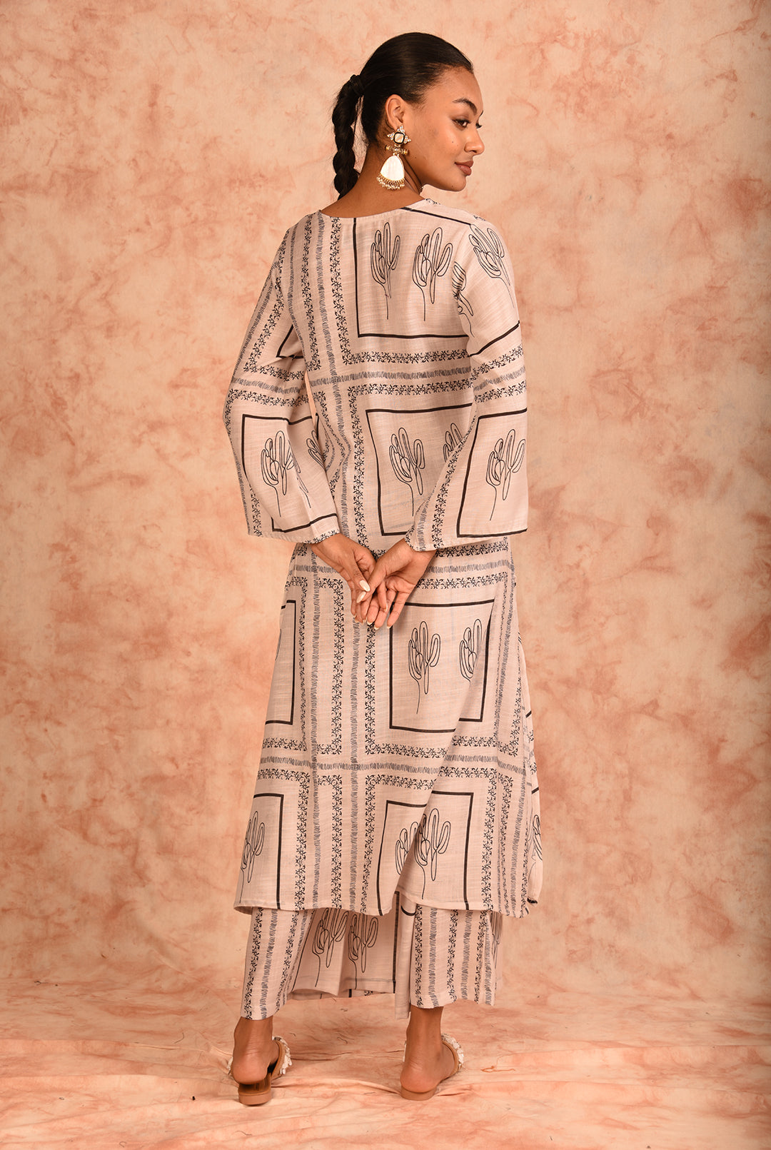 Laalzari off-white printed linen kurta and palazzo co-ord set for women — fabric detail