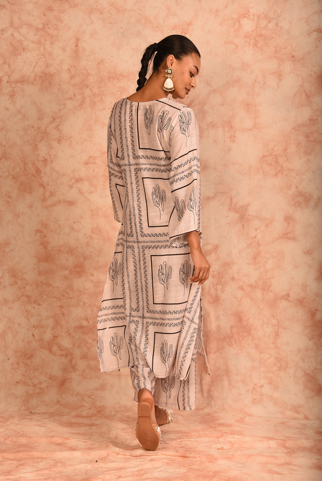 Laalzari off-white printed linen kurta and palazzo co-ord set for women — close-up detail