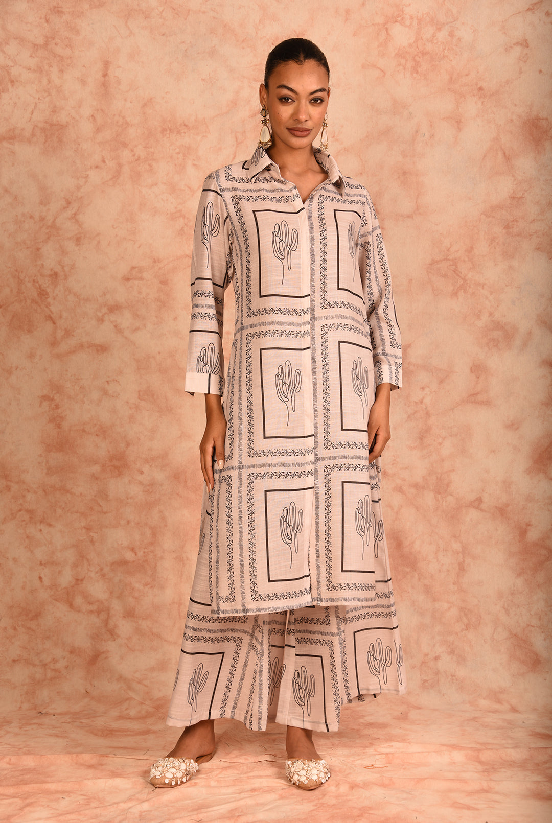 Laalzari off-white and black printed linen co-ord set for women — front view