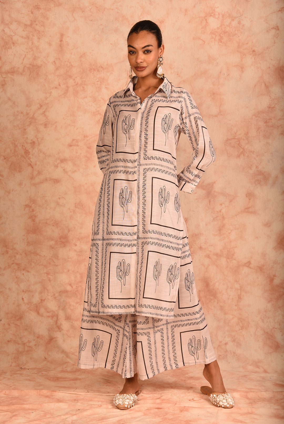 Laalzari off-white and black printed linen co-ord set for women — styled look