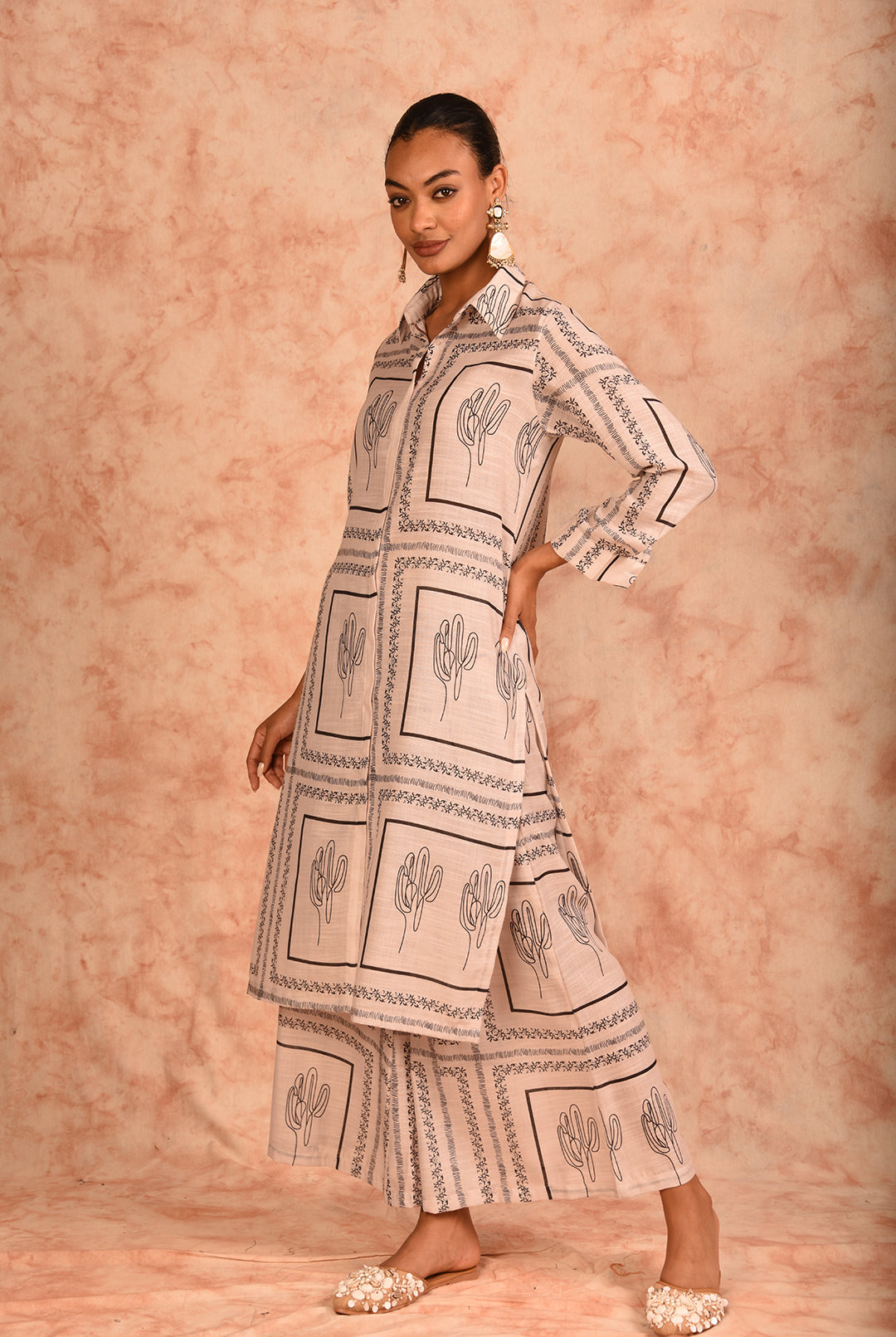 Laalzari off-white and black printed linen co-ord set for women — full-length view
