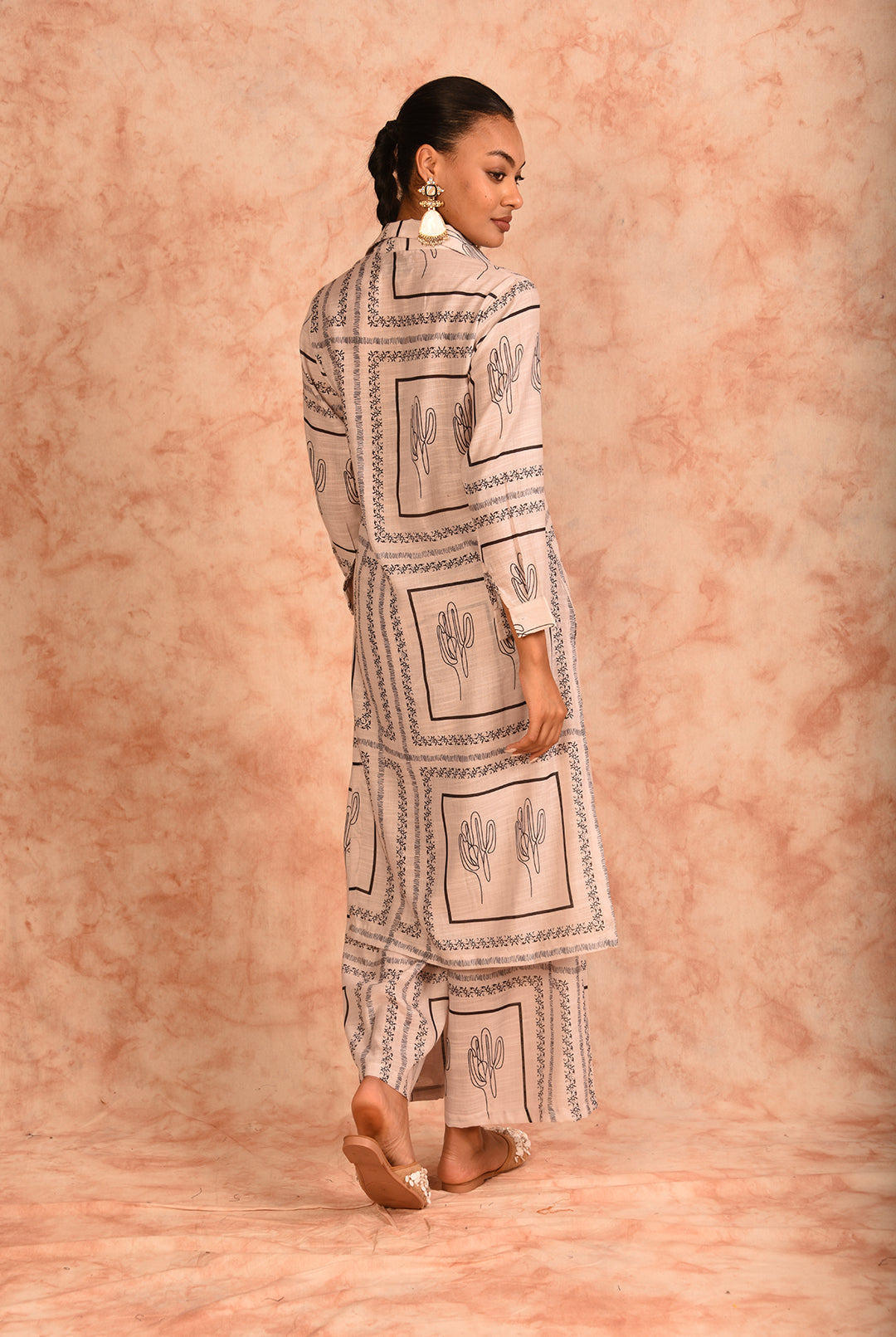 Laalzari off-white and black printed linen co-ord set for women — side view