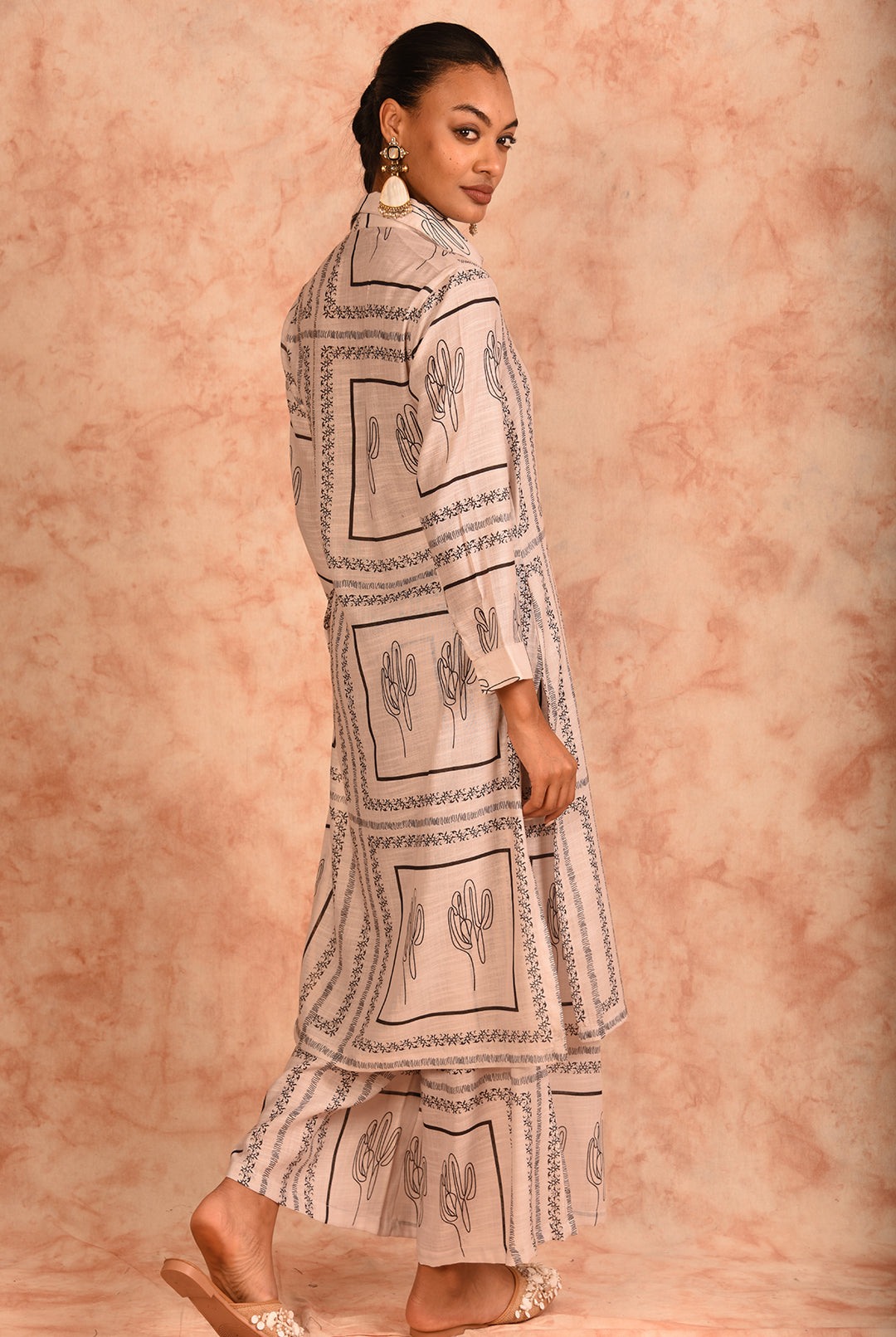Laalzari off-white and black printed linen co-ord set for women — back view