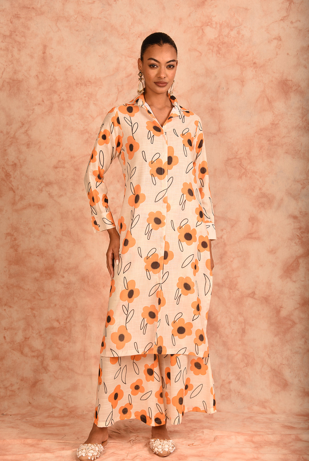 Laalzari cream printed linen kurta and palazzo co-ord set for women — front view