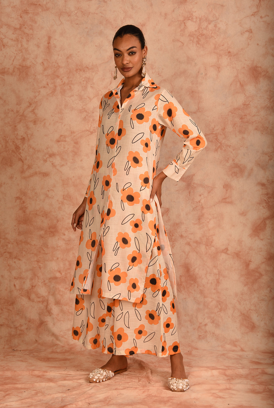 Laalzari cream printed linen kurta and palazzo co-ord set for women — styled look