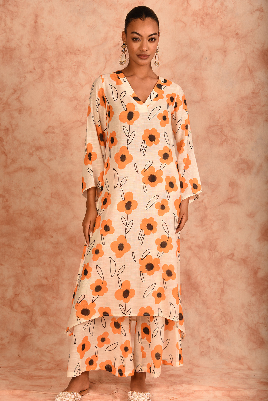 Laalzari cream and yellow V-neck printed linen co-ord set for women — front view