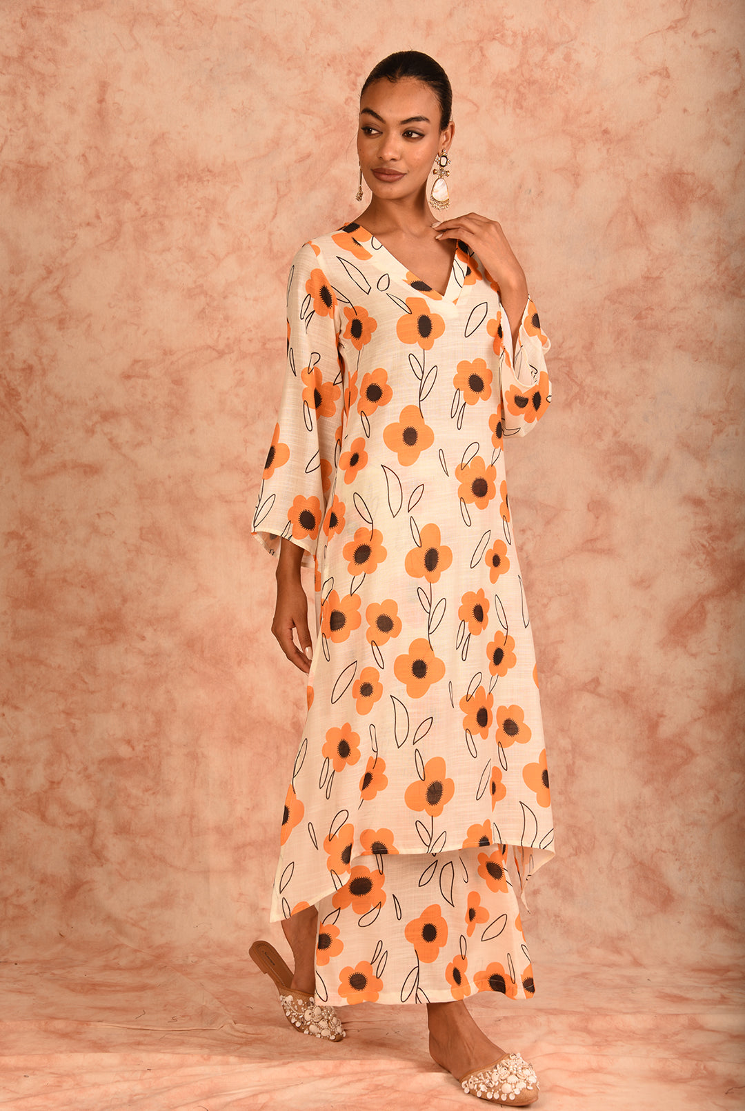 Laalzari cream and yellow V-neck printed linen co-ord set for women — styled look