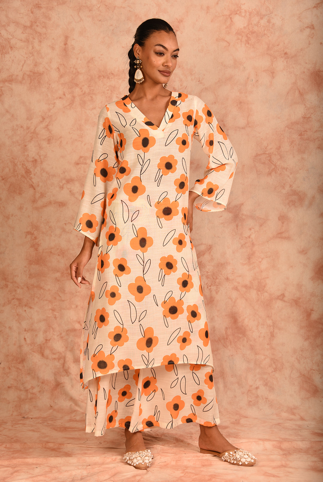 Laalzari cream and yellow V-neck printed linen co-ord set for women — full-length view