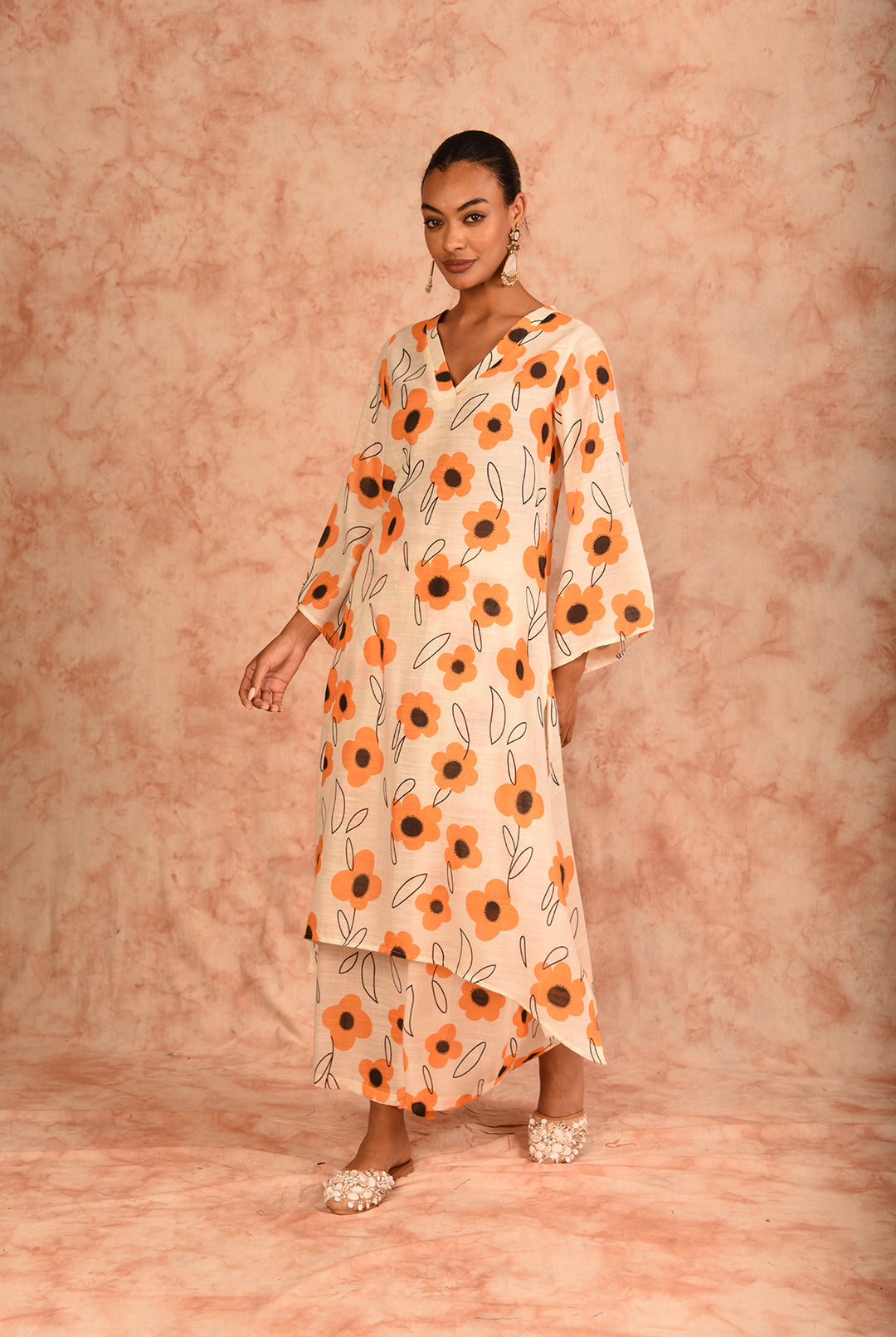 Laalzari cream and yellow V-neck printed linen co-ord set for women — side view