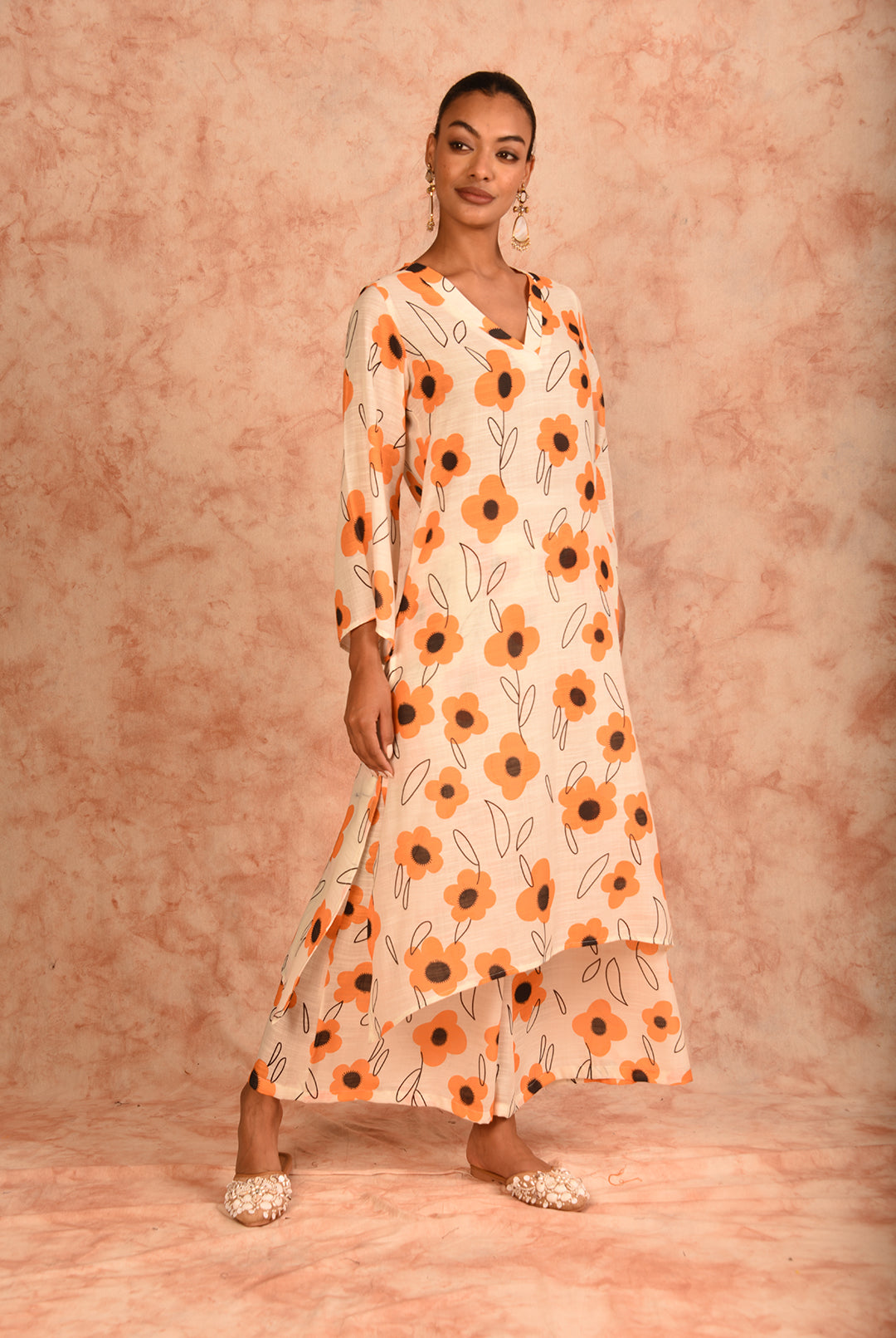 Laalzari cream and yellow V-neck printed linen co-ord set for women — back view