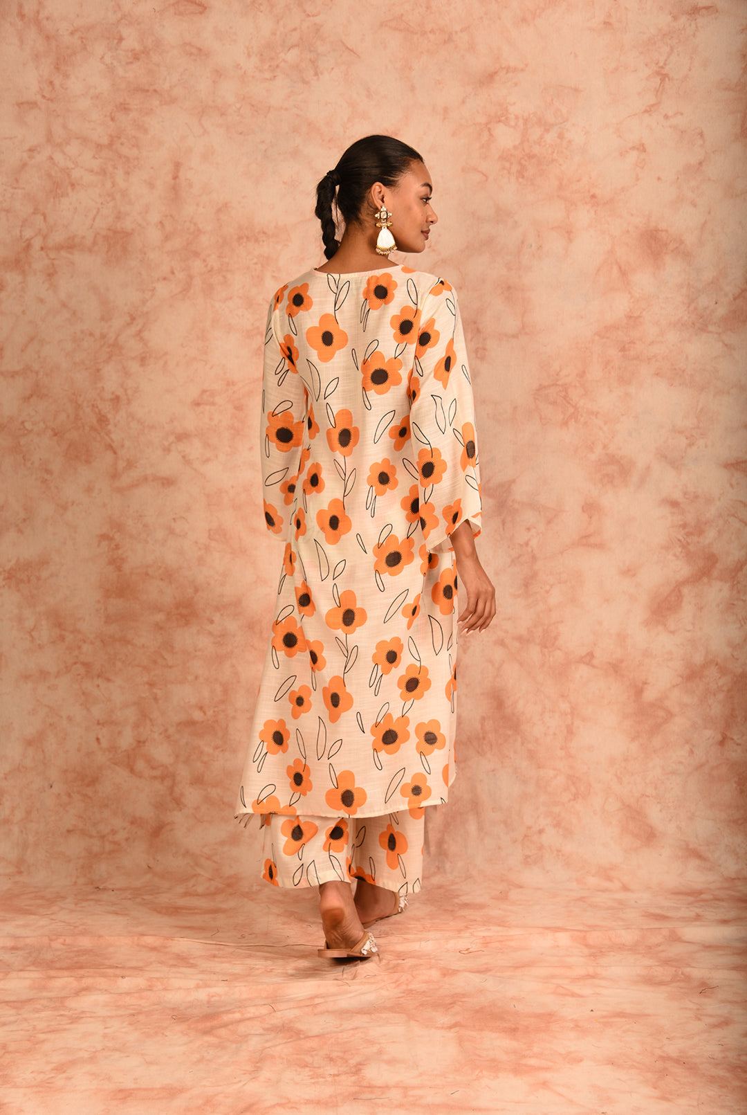 Laalzari cream and yellow V-neck printed linen co-ord set for women — outfit detail