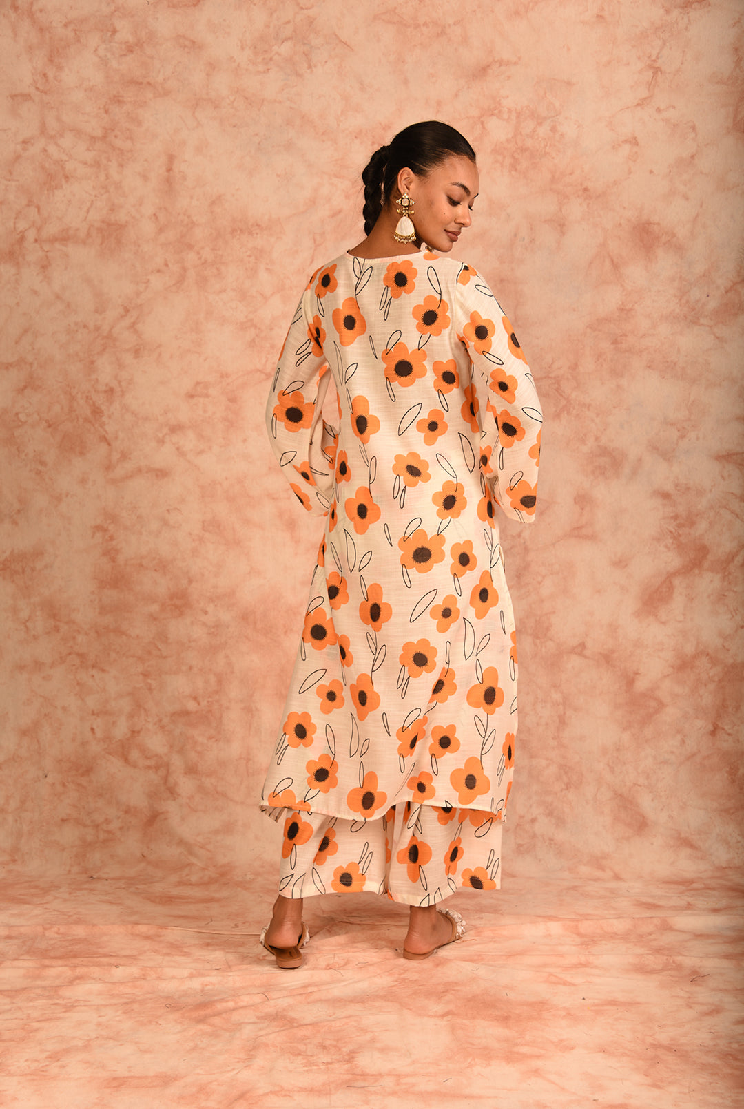 Laalzari cream and yellow V-neck printed linen co-ord set for women — close-up detail