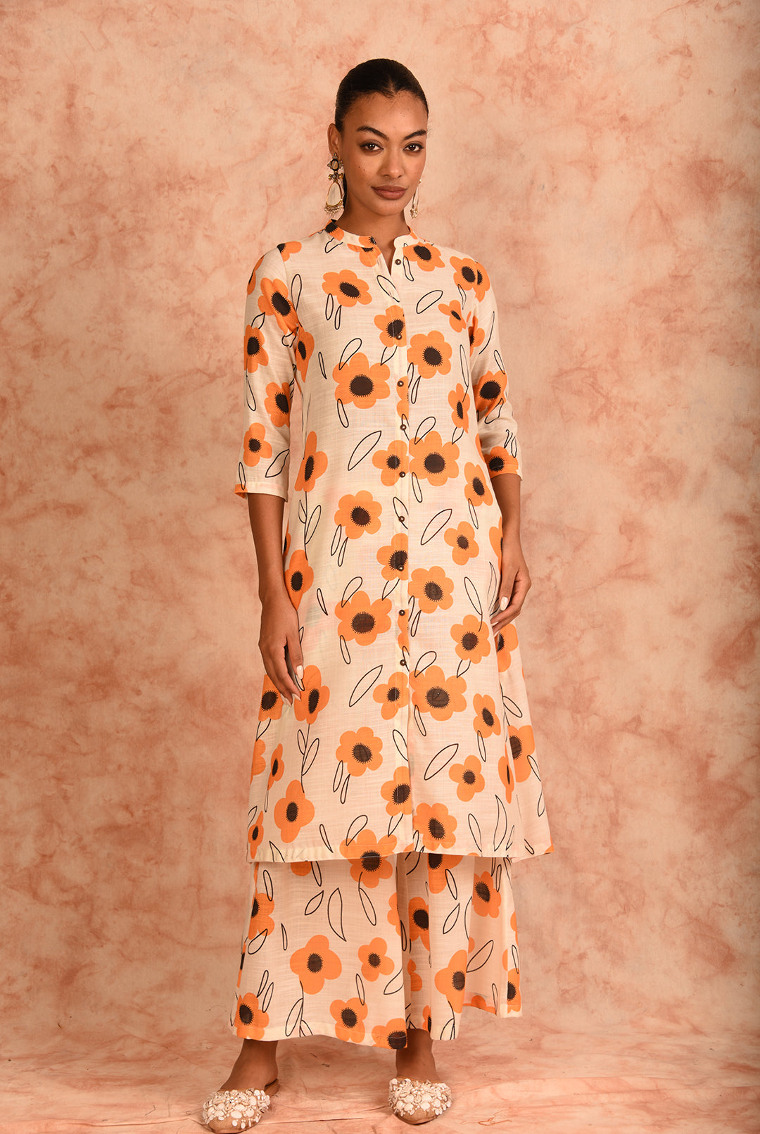 Laalzari cream and yellow floral printed linen co-ord set for women — styled look